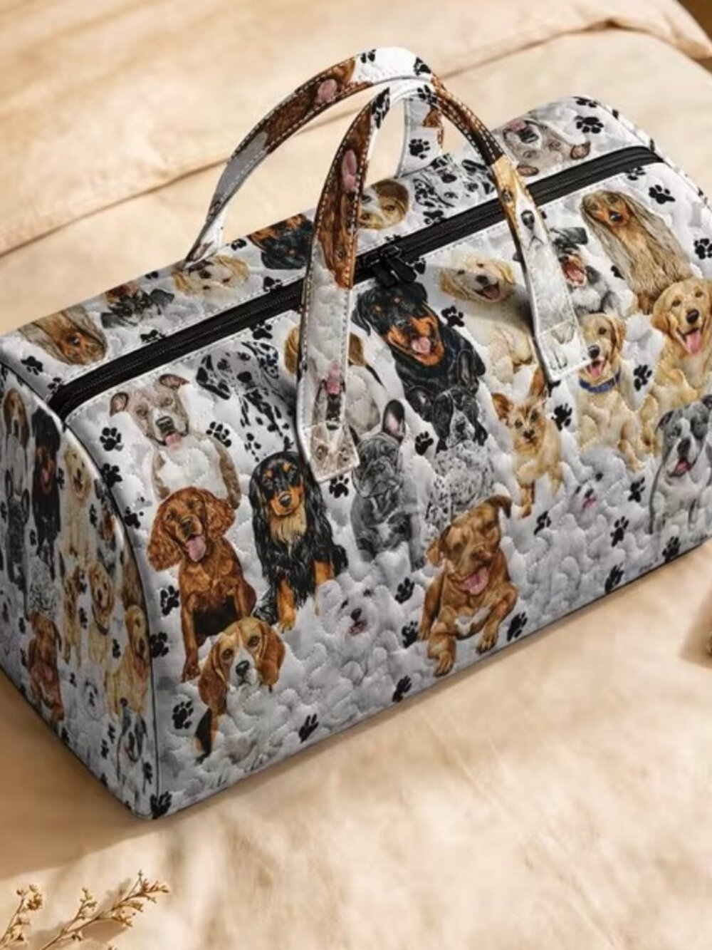 Quilted Duffle Bag Dog Themed Bag with Bones & Paw Prints for Pet Lovers